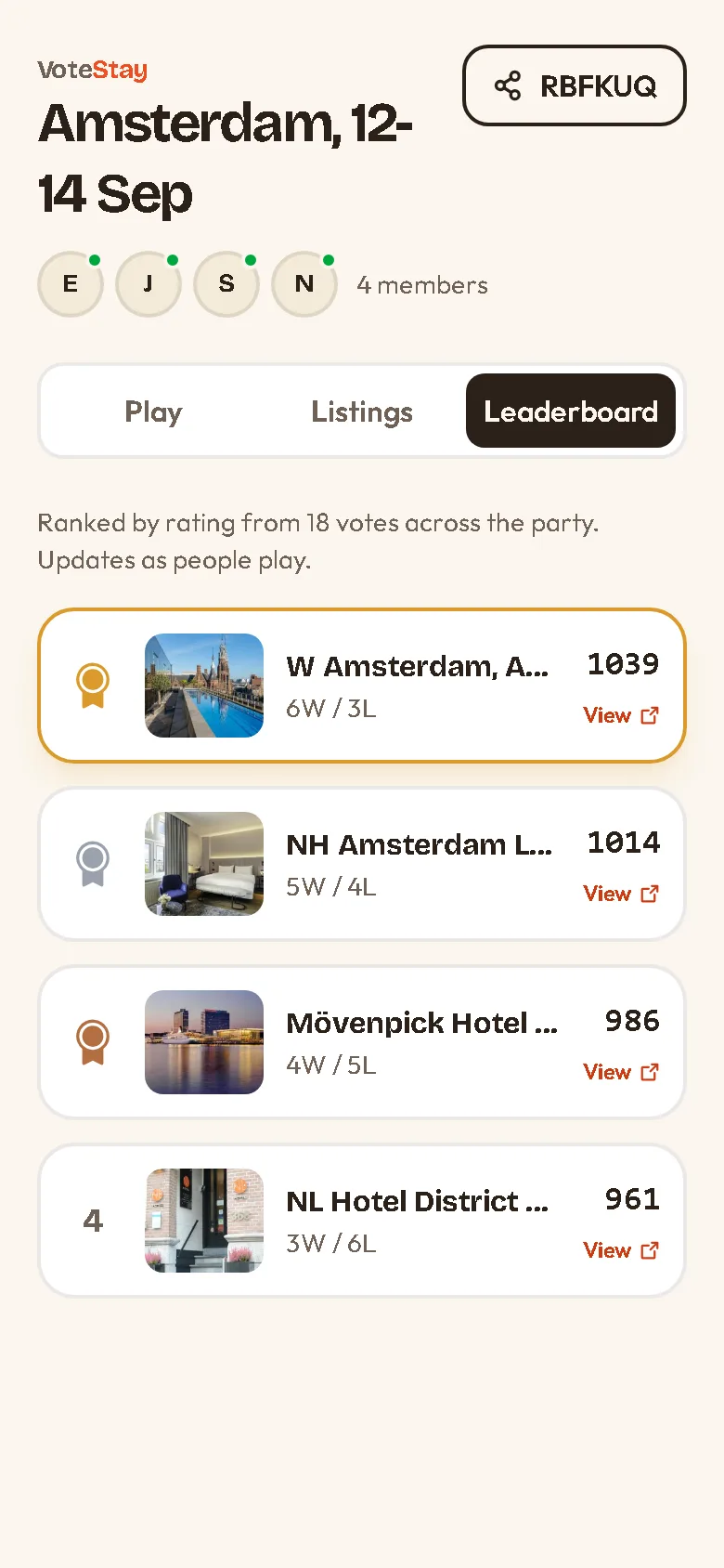 VoteStay leaderboard with medals for the top three stays